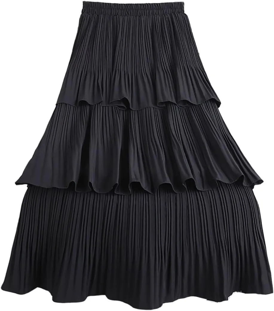 ebossy Women Ruffles Fairy Cake Skirt Elastic Waist Pleated Layered Flared Long Midi Skirt