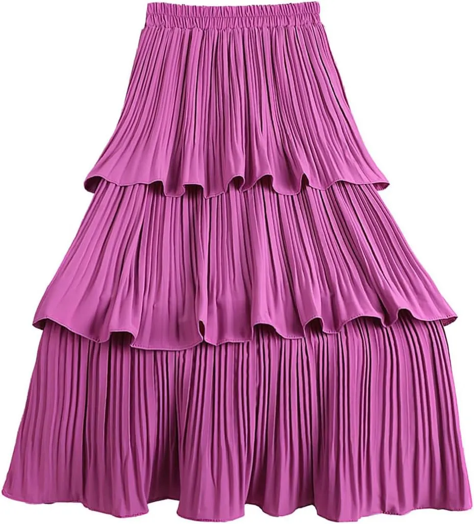 ebossy Women Ruffles Fairy Cake Skirt Elastic Waist Pleated Layered Flared Long Midi Skirt