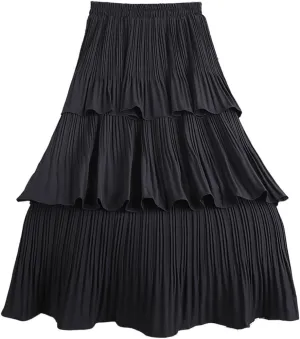 ebossy Women Ruffles Fairy Cake Skirt Elastic Waist Pleated Layered Flared Long Midi Skirt