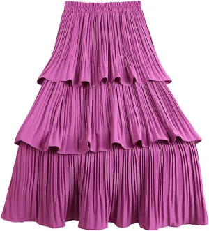 ebossy Women Ruffles Fairy Cake Skirt Elastic Waist Pleated Layered Flared Long Midi Skirt