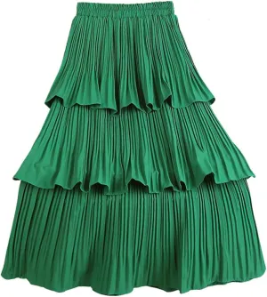 ebossy Women Ruffles Fairy Cake Skirt Elastic Waist Pleated Layered Flared Long Midi Skirt