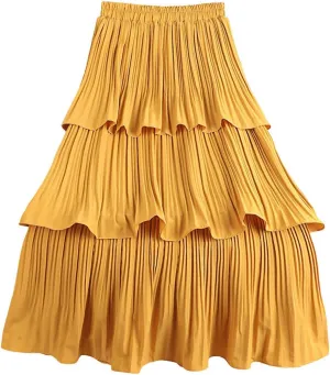 ebossy Women Ruffles Fairy Cake Skirt Elastic Waist Pleated Layered Flared Long Midi Skirt