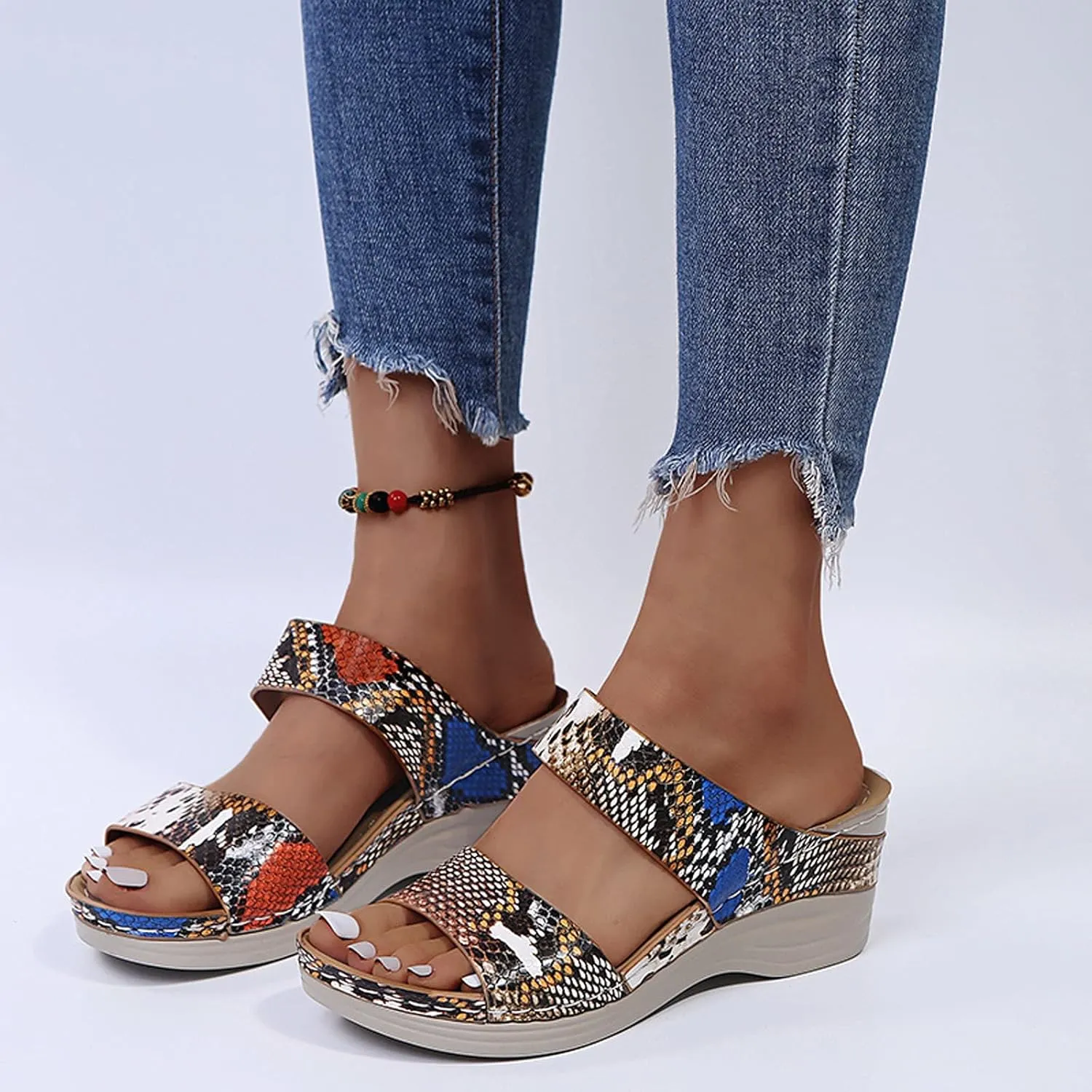 Eduavar Orthopedic Sandals for Women, Sandals Women Leopard Print Sandals Breathable Peep Toe Slip On Wedge Sandals Shoes