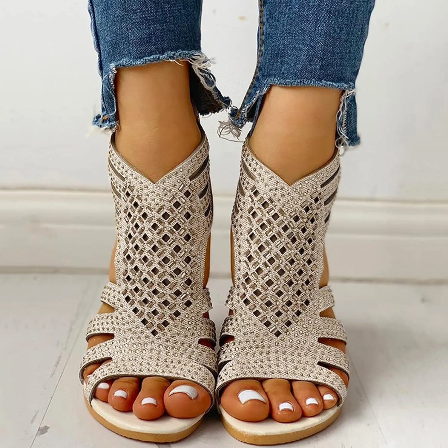 Eduavar Sandals Women Dressy Summer, Orthopedic Sandals for Women Low Wedge Sandals Cutout Zip Up Crystal Sandals Shoes