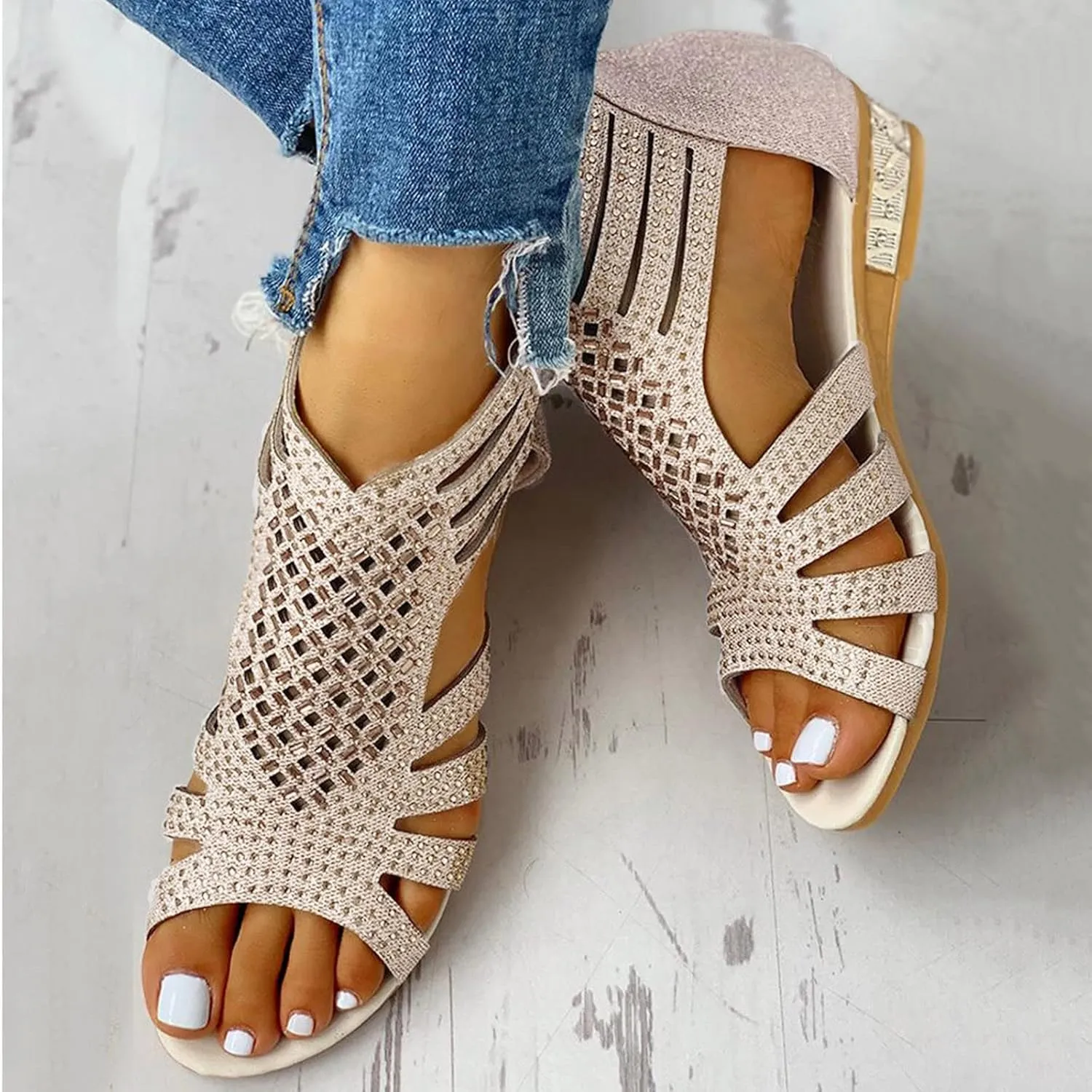 Eduavar Sandals Women Dressy Summer, Orthopedic Sandals for Women Low Wedge Sandals Cutout Zip Up Crystal Sandals Shoes