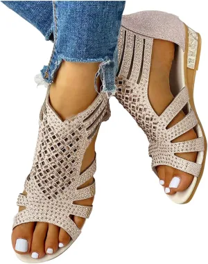 Eduavar Sandals Women Dressy Summer, Orthopedic Sandals for Women Low Wedge Sandals Cutout Zip Up Crystal Sandals Shoes