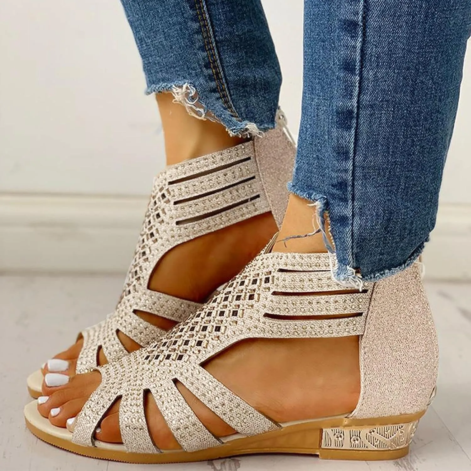 Eduavar Sandals Women Dressy Summer, Orthopedic Sandals for Women Low Wedge Sandals Cutout Zip Up Crystal Sandals Shoes