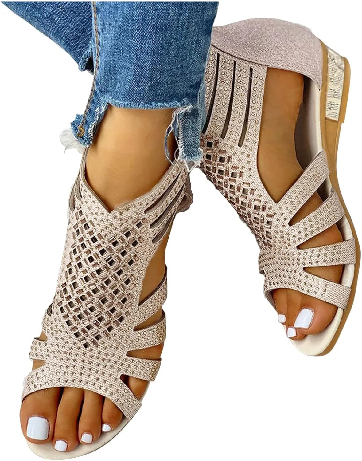 Eduavar Sandals Women Dressy Summer, Orthopedic Sandals for Women Low Wedge Sandals Cutout Zip Up Crystal Sandals Shoes