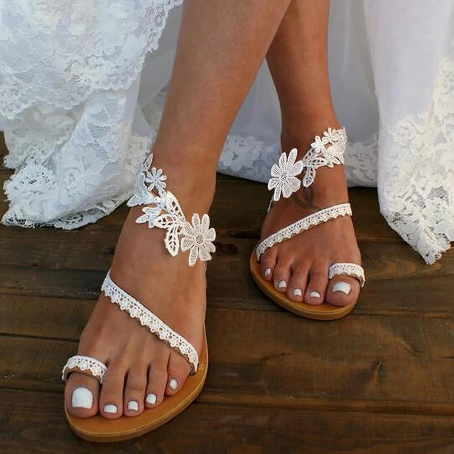 Eduavar Summer Sandals for Women 2023, Women Sandals Dressy Summer Beach Sandals Lace Trim Ring Toe Floral Flat Sandals