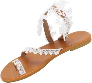 Eduavar Summer Sandals for Women 2023, Women Sandals Dressy Summer Beach Sandals Lace Trim Ring Toe Floral Flat Sandals
