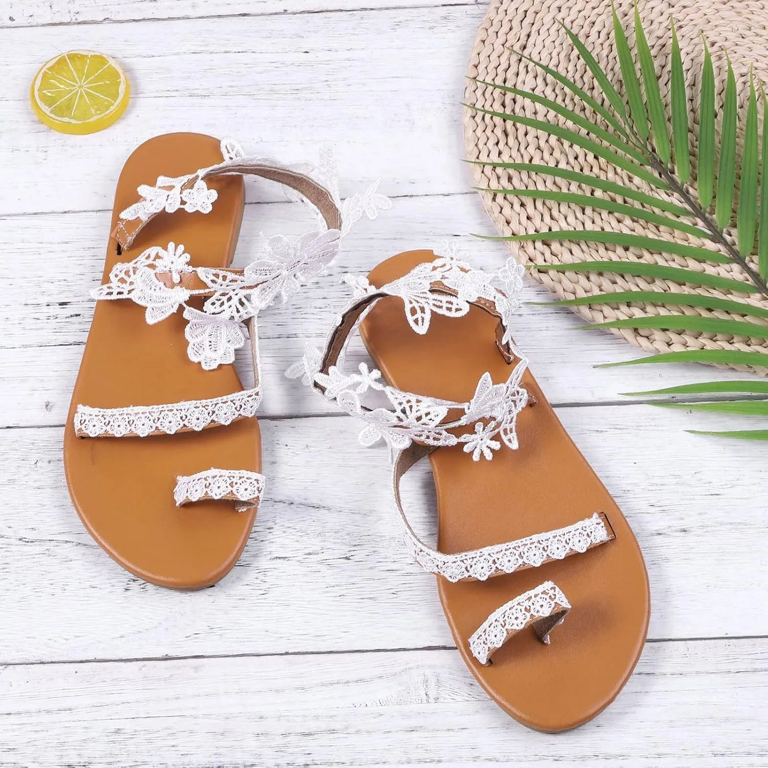 Eduavar Summer Sandals for Women 2023, Women Sandals Dressy Summer Beach Sandals Lace Trim Ring Toe Floral Flat Sandals