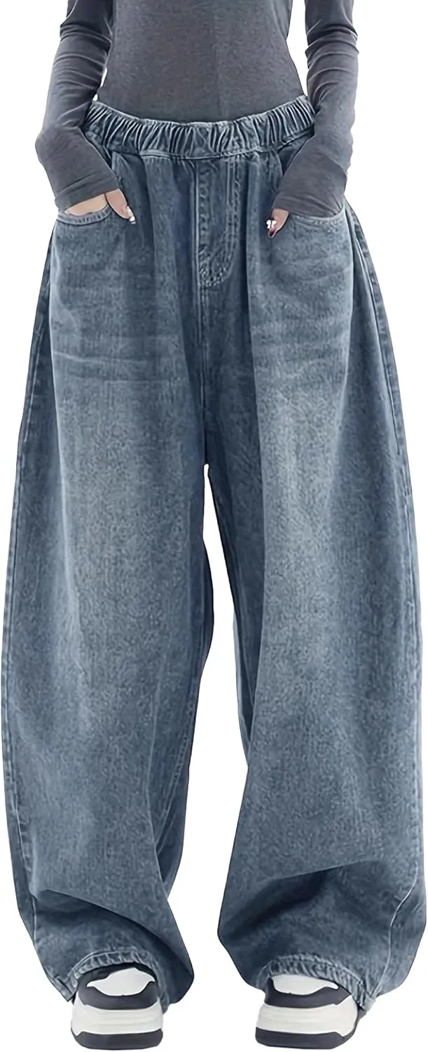 EMMIOL Baggy Boyfriend Jeans Dark Wash Vintage Pants Women's Y2K Street Fashion Wide Leg Denim Pants