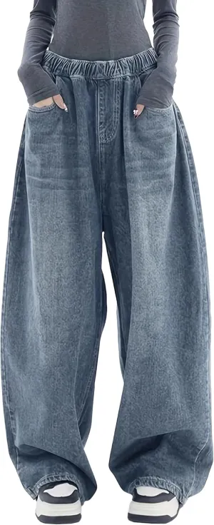 EMMIOL Baggy Boyfriend Jeans Dark Wash Vintage Pants Women's Y2K Street Fashion Wide Leg Denim Pants