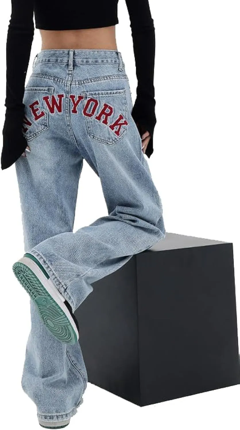 EMMIOL Baggy Boyfriend Jeans Dark Wash Vintage Pants Women's Y2K Street Fashion Wide Leg Denim Pants