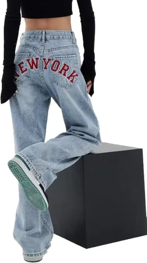 EMMIOL Baggy Boyfriend Jeans Dark Wash Vintage Pants Women's Y2K Street Fashion Wide Leg Denim Pants