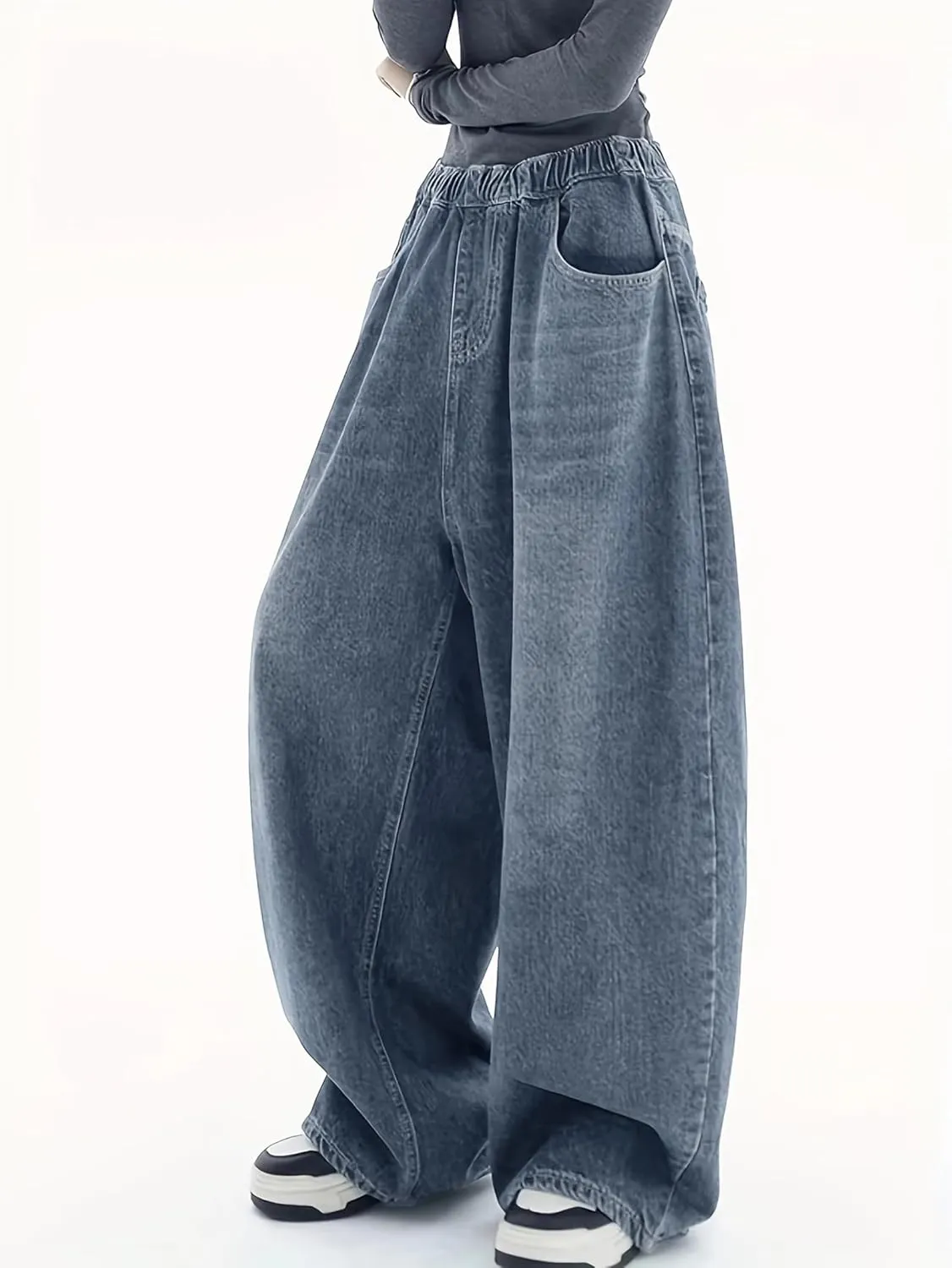 EMMIOL Baggy Boyfriend Jeans Dark Wash Vintage Pants Women's Y2K Street Fashion Wide Leg Denim Pants