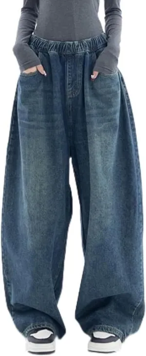 EMMIOL Baggy Boyfriend Jeans Dark Wash Vintage Pants Women's Y2K Street Fashion Wide Leg Denim Pants