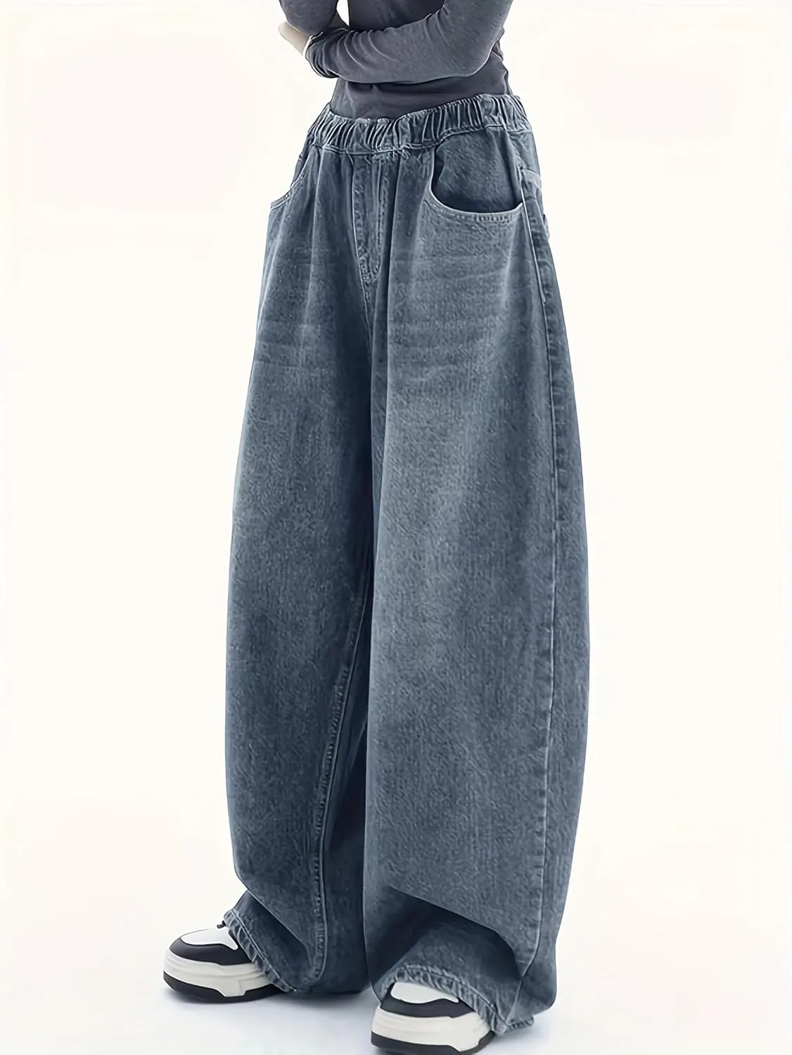 EMMIOL Baggy Boyfriend Jeans Dark Wash Vintage Pants Women's Y2K Street Fashion Wide Leg Denim Pants