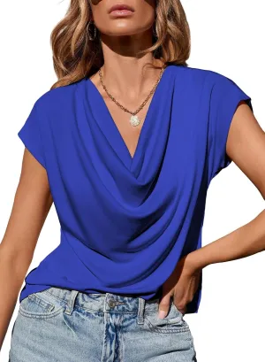 EVALESS Shirts for Women Fashion 2025 Cowl Neck Tops for Women Dressy Casual Short Sleeve Clothes Summer Outfits
