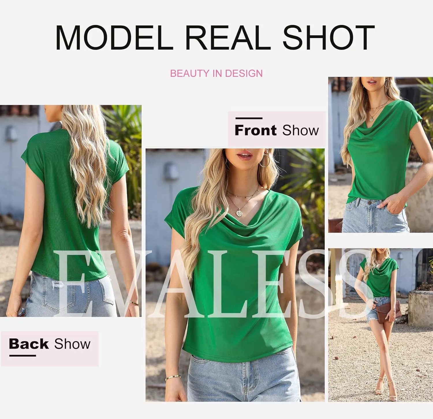 EVALESS Shirts for Women Fashion 2025 Cowl Neck Tops for Women Dressy Casual Short Sleeve Clothes Summer Outfits