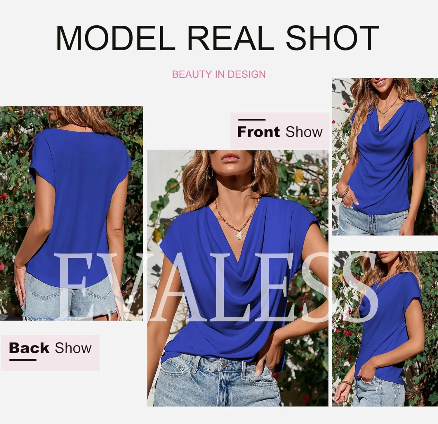 EVALESS Shirts for Women Fashion 2025 Cowl Neck Tops for Women Dressy Casual Short Sleeve Clothes Summer Outfits