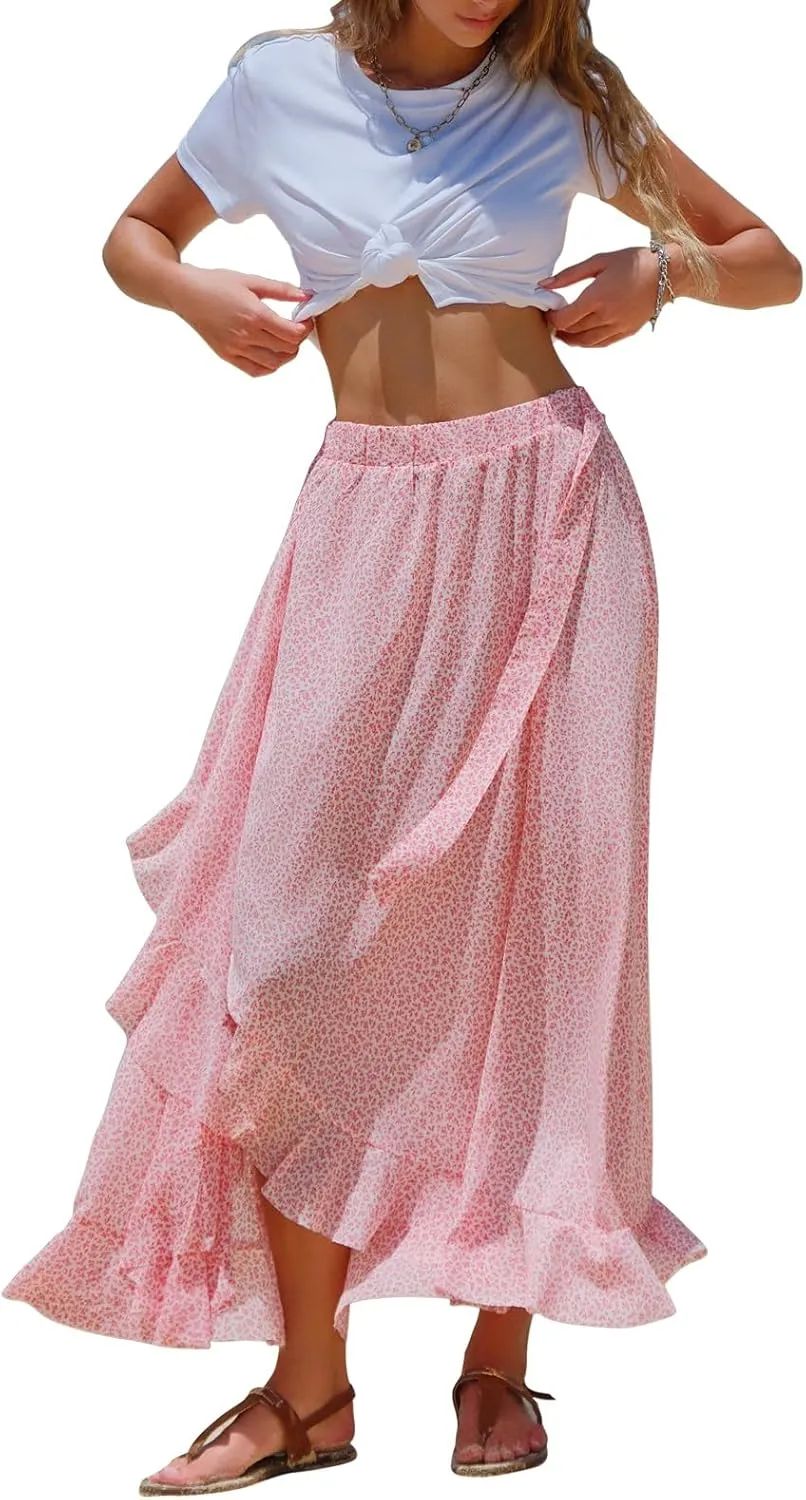 EXLURA Womens Floral Print High Waisted Wrap Long Maxi Skirts Ruffle Hem Self Tie Knot Summer Chiffon Midi Skirts 2025