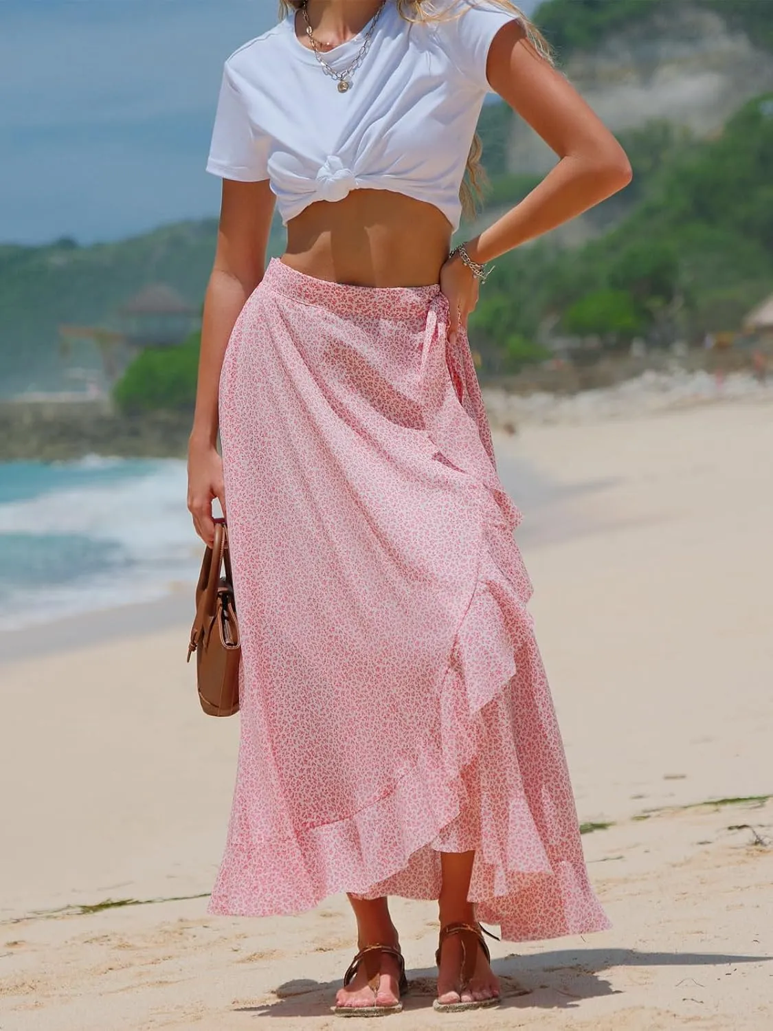 EXLURA Womens Floral Print High Waisted Wrap Long Maxi Skirts Ruffle Hem Self Tie Knot Summer Chiffon Midi Skirts 2025