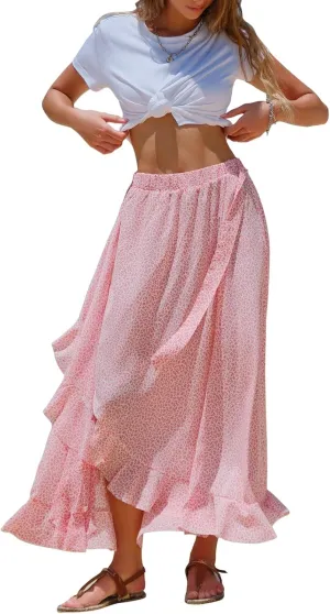 EXLURA Womens Floral Print High Waisted Wrap Long Maxi Skirts Ruffle Hem Self Tie Knot Summer Chiffon Midi Skirts 2025