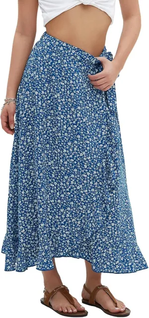 EXLURA Womens Floral Print High Waisted Wrap Long Maxi Skirts Ruffle Hem Self Tie Knot Summer Chiffon Midi Skirts 2025