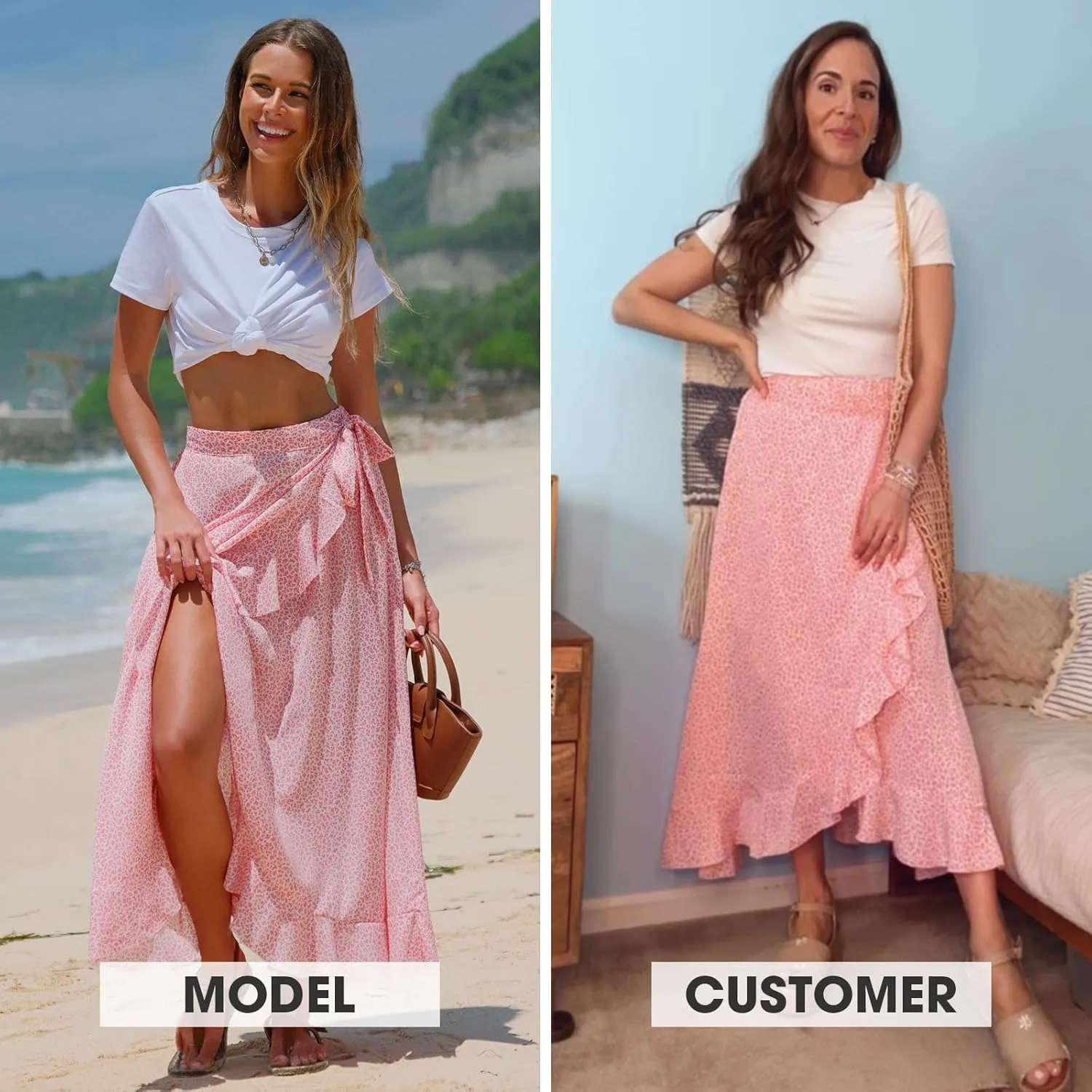 EXLURA Womens Floral Print High Waisted Wrap Long Maxi Skirts Ruffle Hem Self Tie Knot Summer Chiffon Midi Skirts 2025