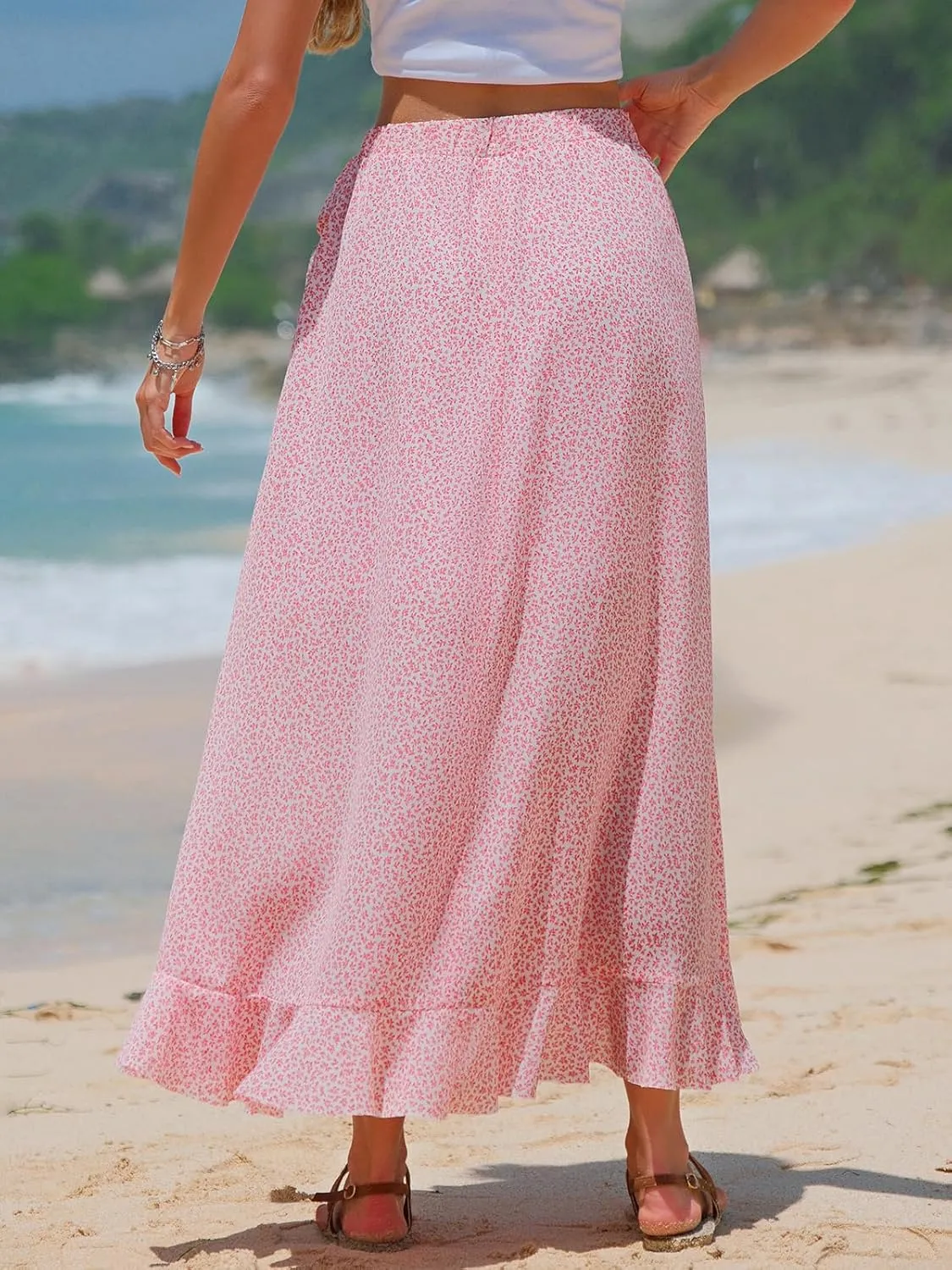 EXLURA Womens Floral Print High Waisted Wrap Long Maxi Skirts Ruffle Hem Self Tie Knot Summer Chiffon Midi Skirts 2025