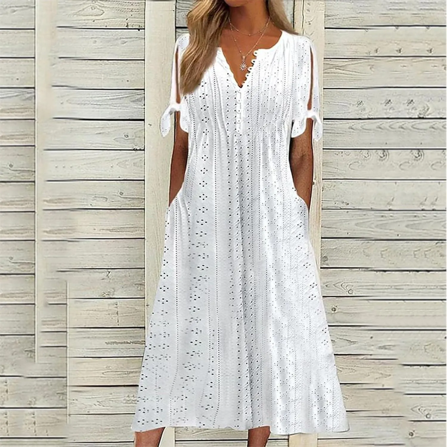 Eyelet Dresses for Women 2025 Midi Tie Knot Short Sleeve Summer Dresses Buttons Crew Neck Flowy Beach Dress with Pockets