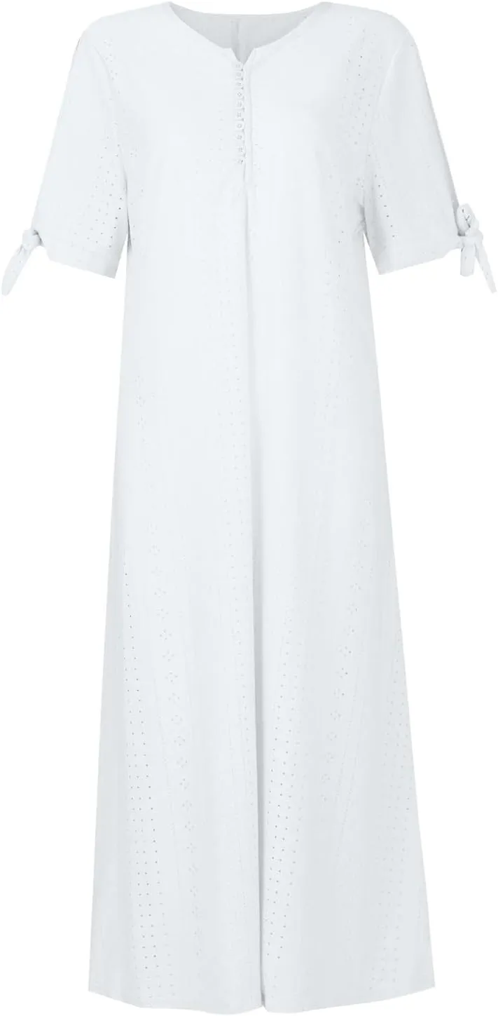 Eyelet Dresses for Women 2025 Midi Tie Knot Short Sleeve Summer Dresses Buttons Crew Neck Flowy Beach Dress with Pockets