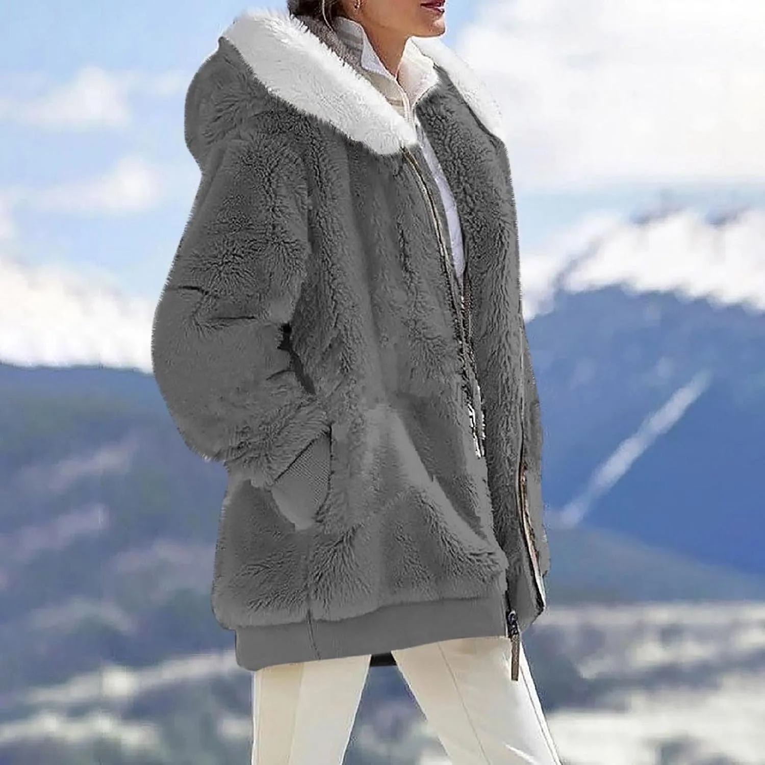 Fall Jackets For Women 2024 Casual Solid Color Loose Plush Zippered Hooded Jacket With Pockets