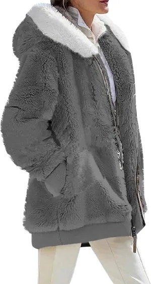Fall Jackets For Women 2024 Casual Solid Color Loose Plush Zippered Hooded Jacket With Pockets