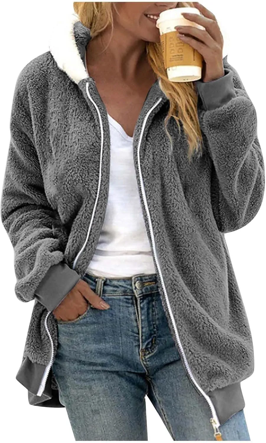 Fall Jackets For Women 2024 Casual Solid Color Loose Plush Zippered Hooded Jacket With Pockets