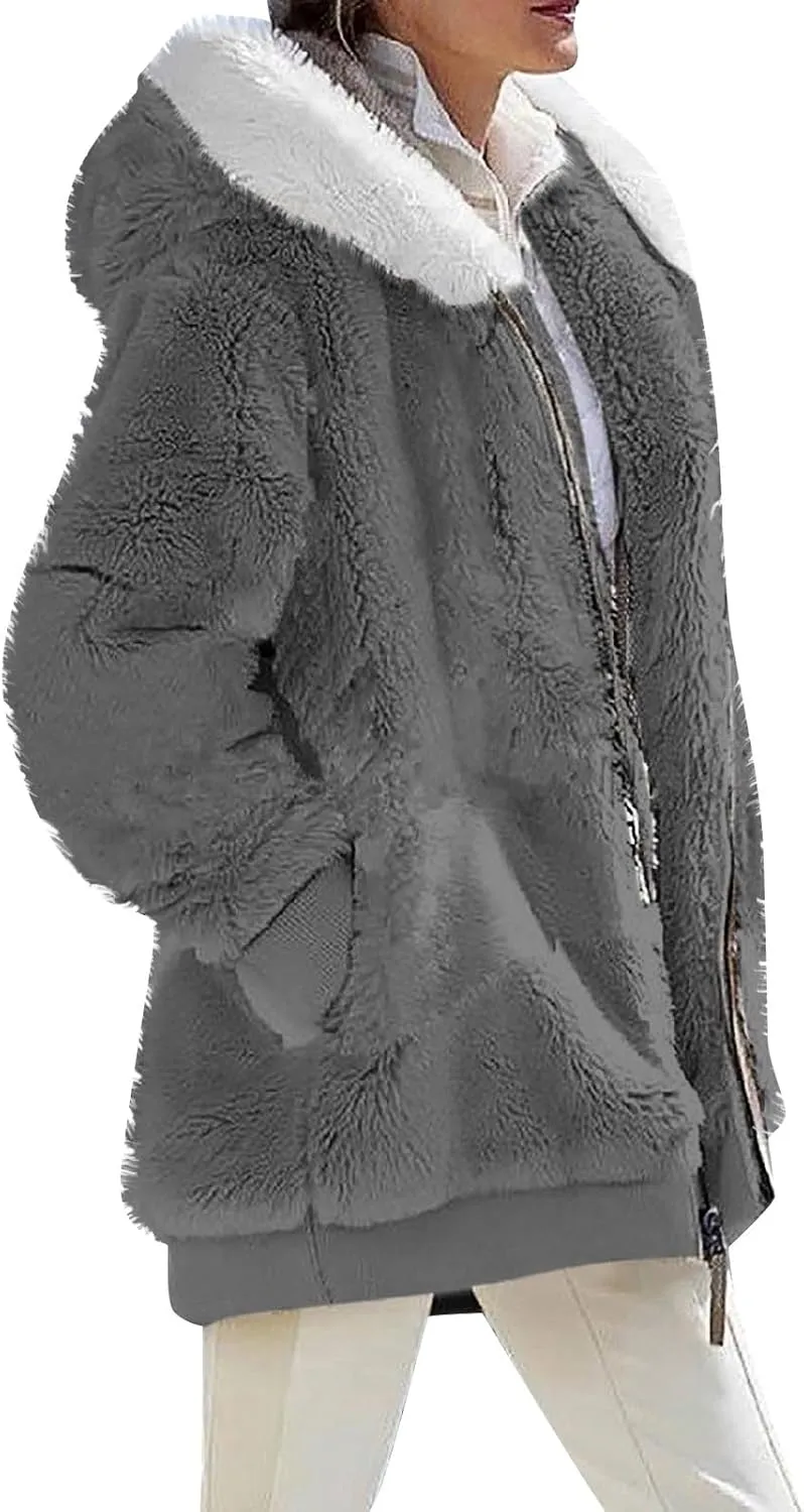 Fall Jackets For Women 2024 Casual Solid Color Loose Plush Zippered Hooded Jacket With Pockets