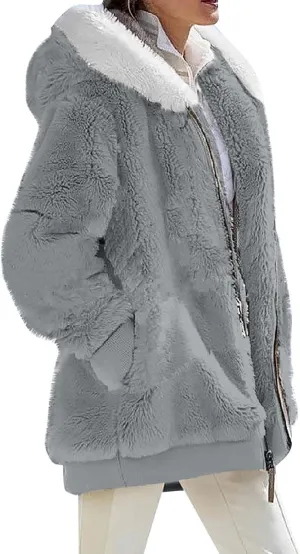 Fall Jackets For Women 2024 Casual Solid Color Loose Plush Zippered Hooded Jacket With Pockets