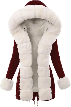Fashion Furry Winter Coats for Women 2025 Faux Fur Neck Hooded Jacket Down Warm Coat Windbreaker Overcoat