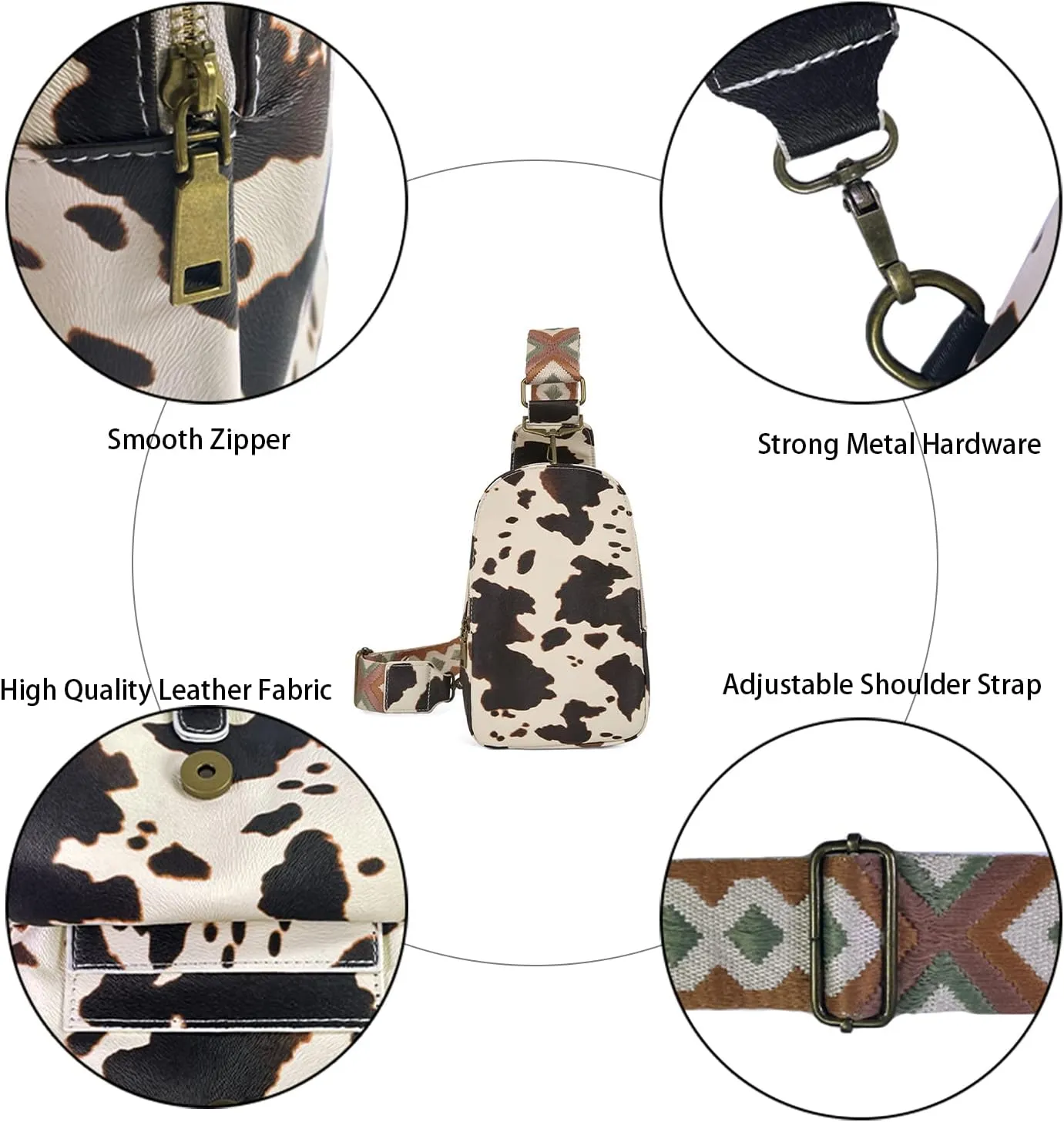 FAYBA Small Sling Bag for Women Crossbody Bag, Cow Print PU Leather Wide Guitar Strap Chest Sling Backpack Purse