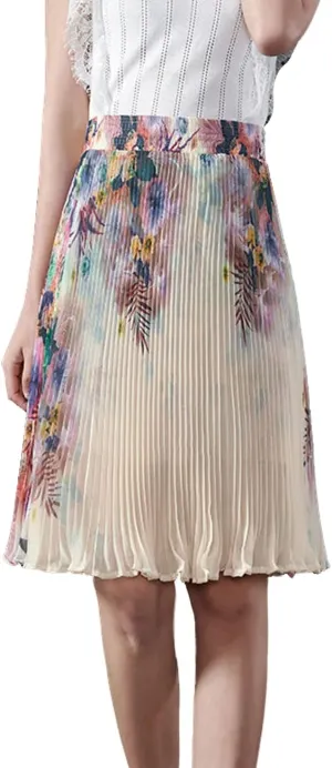 Femiserah Women's Floral Printed Chiffon Elastic Waist A Line Pleated Ruffle Midi Skirt