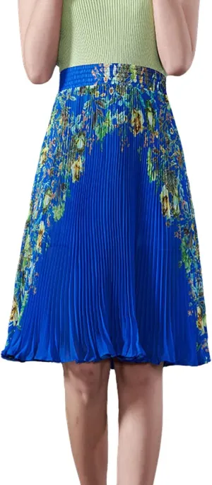 Femiserah Women's Floral Printed Chiffon Elastic Waist A Line Pleated Ruffle Midi Skirt