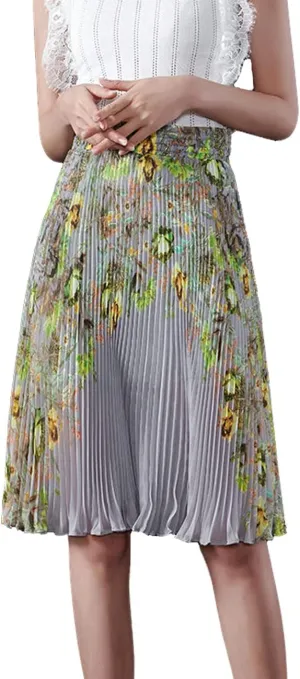 Femiserah Women's Floral Printed Chiffon Elastic Waist A Line Pleated Ruffle Midi Skirt
