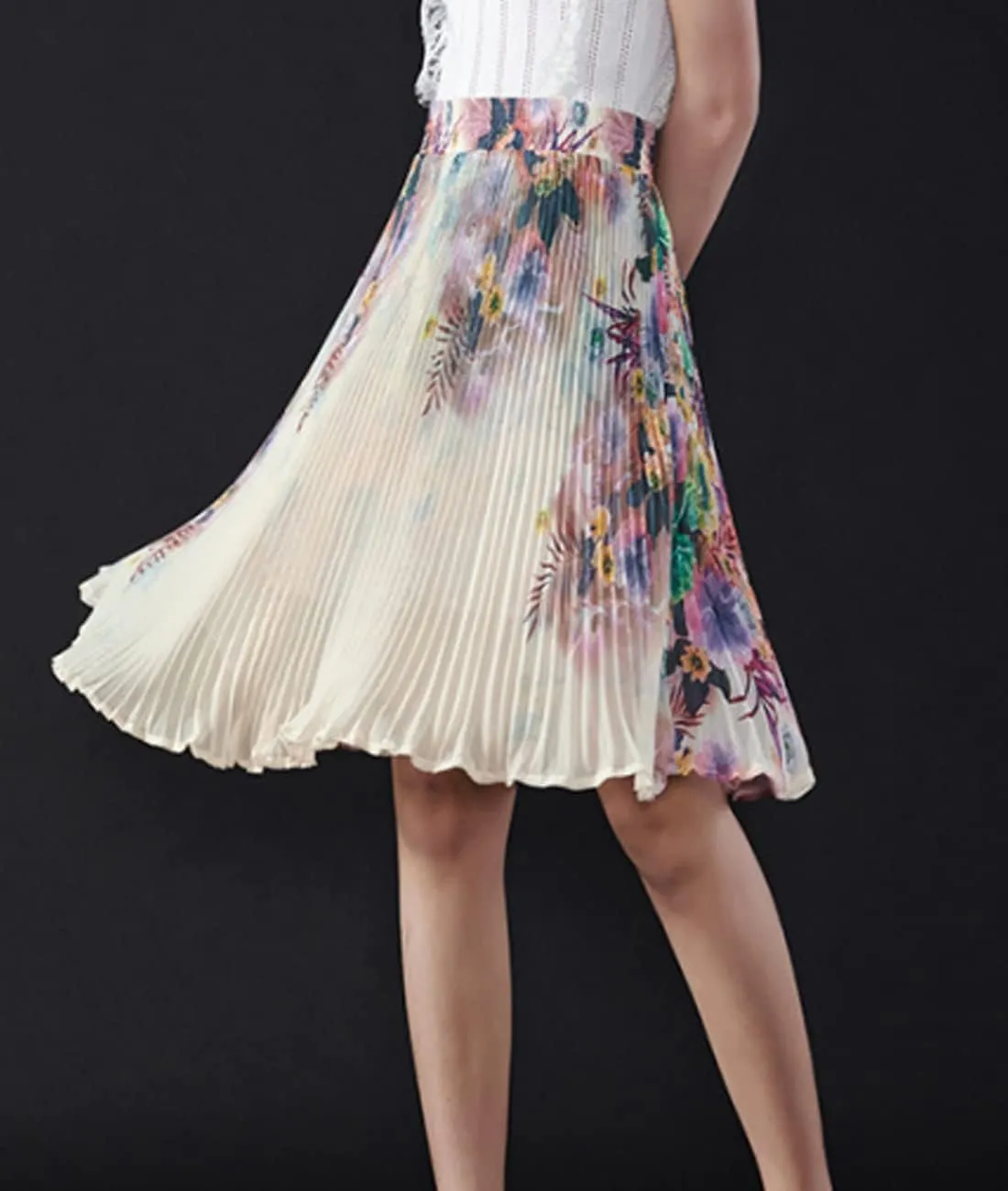 Femiserah Women's Floral Printed Chiffon Elastic Waist A Line Pleated Ruffle Midi Skirt