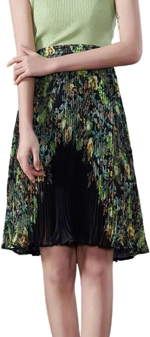 Femiserah Women's Floral Printed Chiffon Elastic Waist A Line Pleated Ruffle Midi Skirt