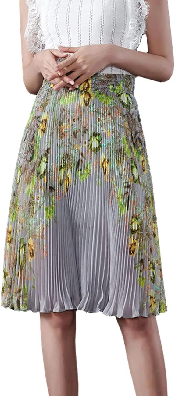 Femiserah Women's Floral Printed Chiffon Elastic Waist A Line Pleated Ruffle Midi Skirt
