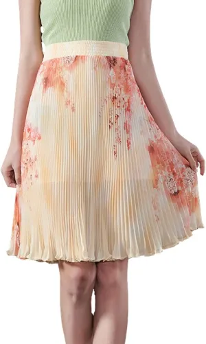 Femiserah Women's Floral Printed Chiffon Elastic Waist A Line Pleated Ruffle Midi Skirt