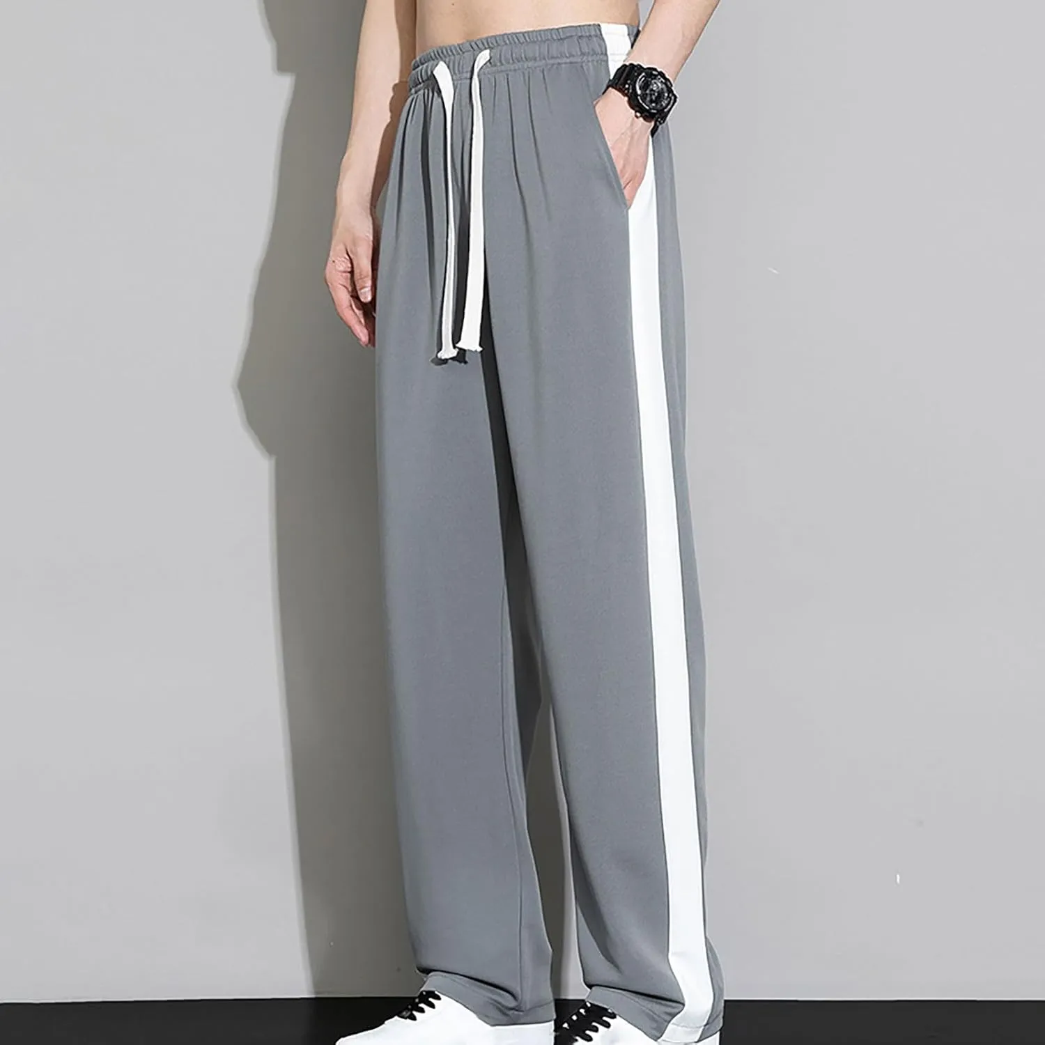Finelylove Mens Pants Silk Casual Pants Ealstic Waist Drawstring Lounge Pants Wide Leg Baggy Pants Color Block Trousers