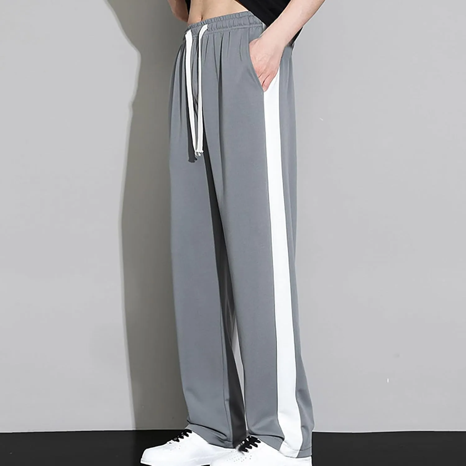 Finelylove Mens Pants Silk Casual Pants Ealstic Waist Drawstring Lounge Pants Wide Leg Baggy Pants Color Block Trousers