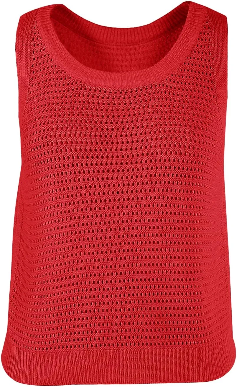 FISACE Womens Summer Knit Sweater Tank Tops Round Neck Crochet Hollow Out Sleeveless Casual Crop Shirt
